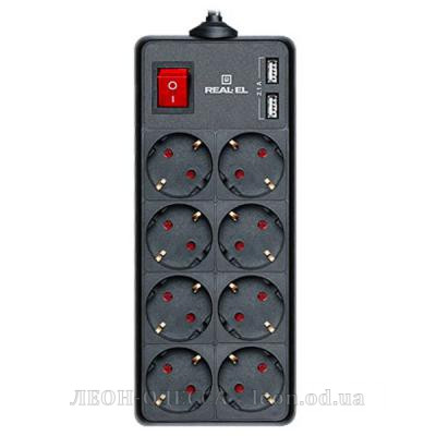 Мережевий фiльтр живлення REAL-EL REAL-EL RS-8 PROTECT USB, 3m, black (EL122300020)