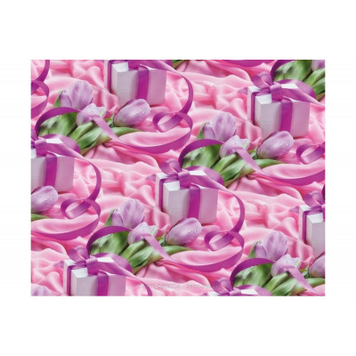 Упаковочная Бумага (5 листов) "Сиреневые тюльпаны с подарком" (70*100 см)